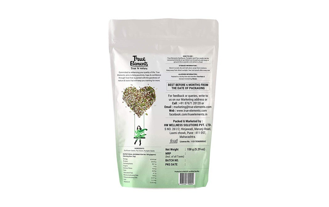True Elements Sunflower Pumpkin & Flax Raw Seeds   Pack  150 grams